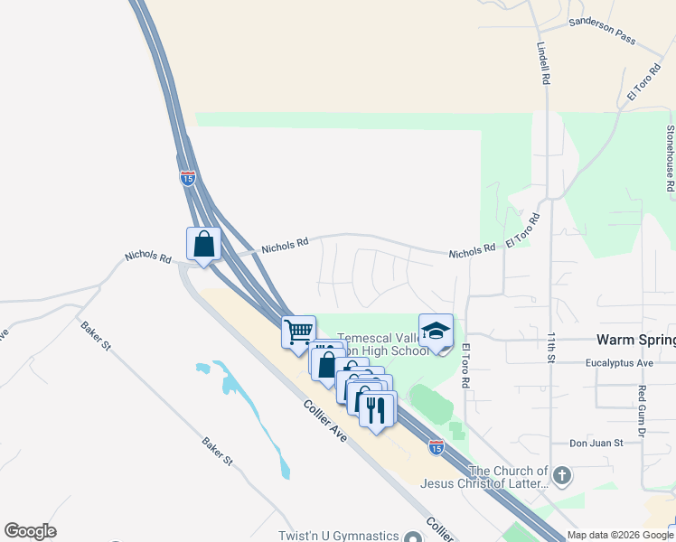 map of restaurants, bars, coffee shops, grocery stores, and more near 19532 Hanging Rock Road in Lake Elsinore