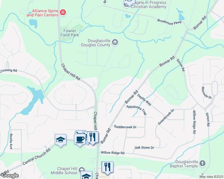 map of restaurants, bars, coffee shops, grocery stores, and more near 3666 Winding Trail Drive in Douglasville