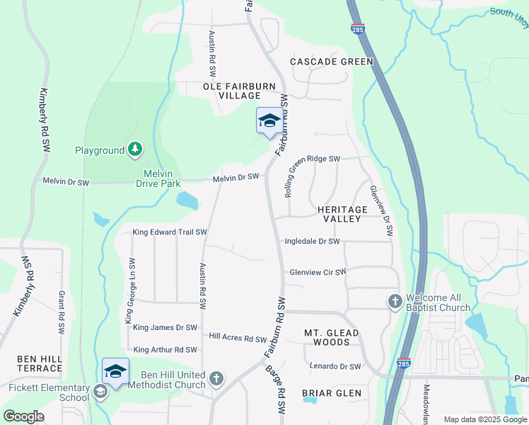 map of restaurants, bars, coffee shops, grocery stores, and more near 1765 Fairburn Road Southwest in Atlanta