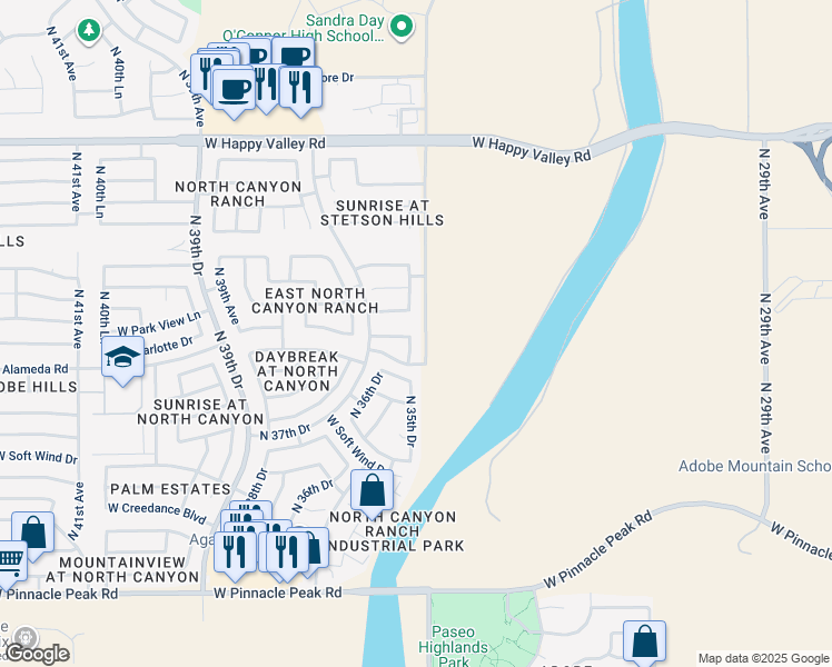 map of restaurants, bars, coffee shops, grocery stores, and more near 24229 North 35th Drive in Glendale