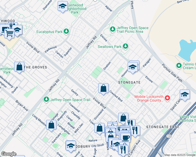 map of restaurants, bars, coffee shops, grocery stores, and more near 22 Ovation in Irvine