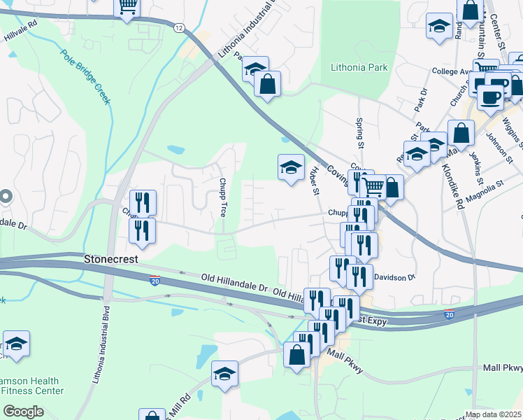 map of restaurants, bars, coffee shops, grocery stores, and more near 2716 Evans Mill Drive in Lithonia