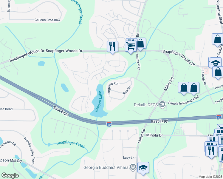 map of restaurants, bars, coffee shops, grocery stores, and more near 4877 Longview Run in Decatur