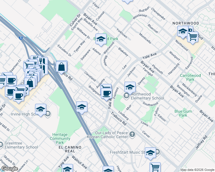 map of restaurants, bars, coffee shops, grocery stores, and more near 33 Potomac in Irvine