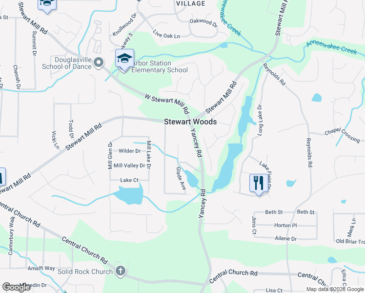 map of restaurants, bars, coffee shops, grocery stores, and more near 3800 Glade Avenue in Douglasville