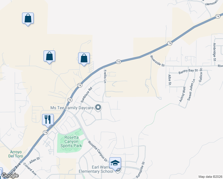 map of restaurants, bars, coffee shops, grocery stores, and more near 28430 Trellis Lane in Lake Elsinore