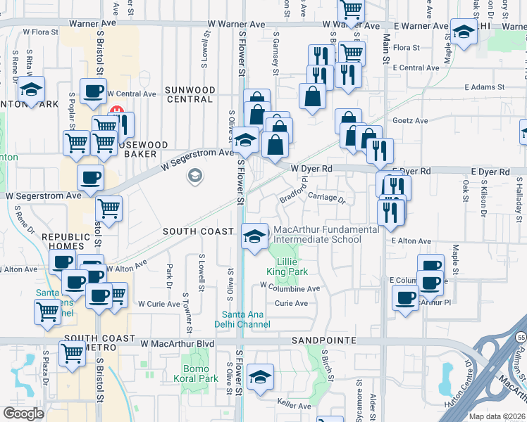 map of restaurants, bars, coffee shops, grocery stores, and more near 561 West Alton Avenue in Santa Ana