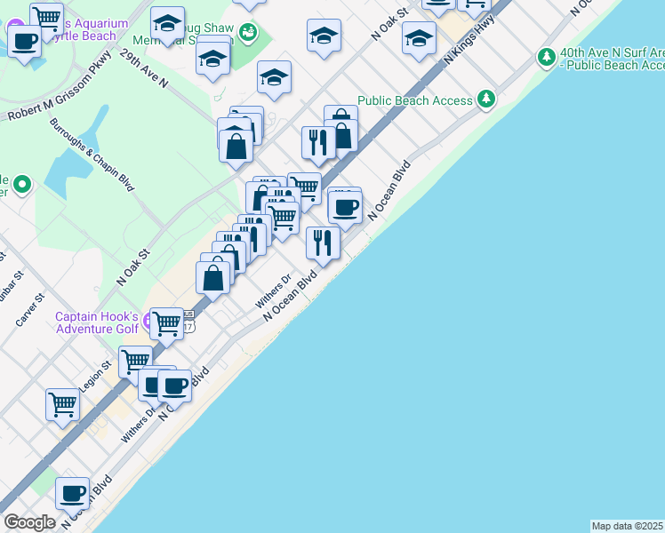 map of restaurants, bars, coffee shops, grocery stores, and more near 2800 North Ocean Boulevard in Myrtle Beach