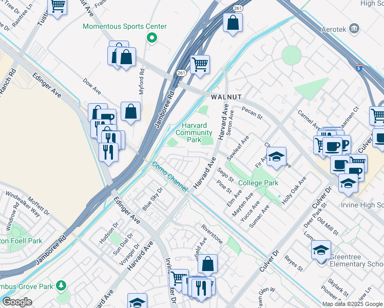 map of restaurants, bars, coffee shops, grocery stores, and more near 219 Kensington Park in Irvine