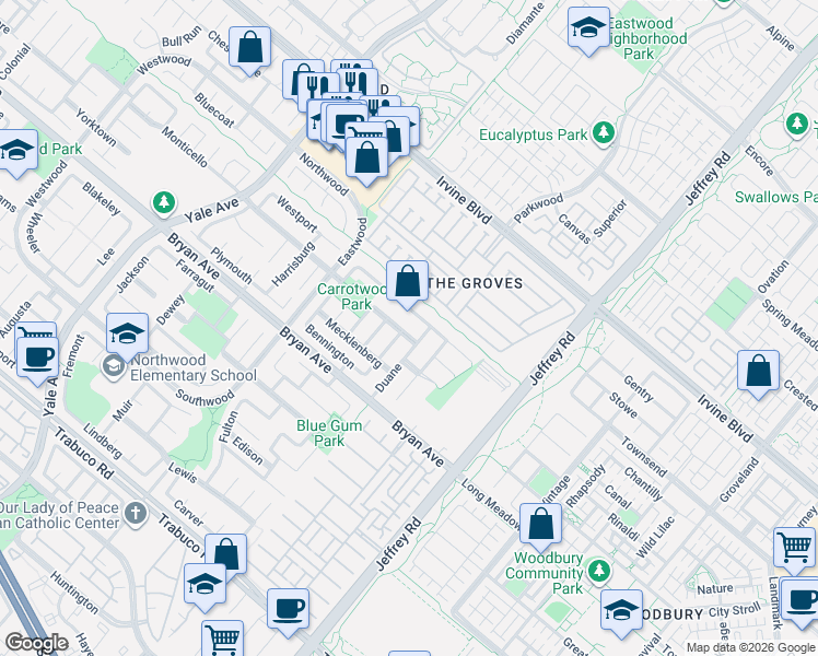 map of restaurants, bars, coffee shops, grocery stores, and more near 8 Monticello in Irvine