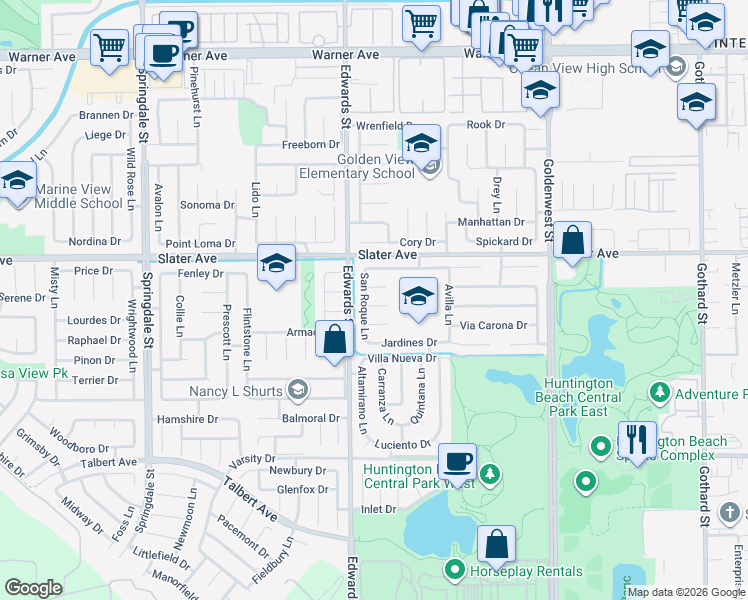 map of restaurants, bars, coffee shops, grocery stores, and more near 6531 Montoya Circle in Huntington Beach