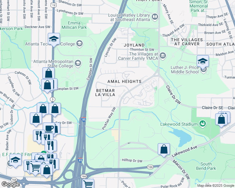 map of restaurants, bars, coffee shops, grocery stores, and more near 1785 Meadow Lane Southwest in Atlanta