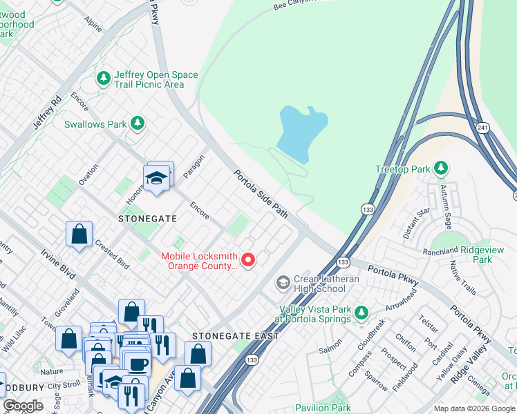 map of restaurants, bars, coffee shops, grocery stores, and more near 55 Sherwood in Irvine