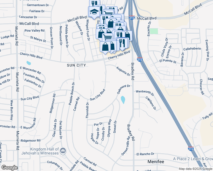 map of restaurants, bars, coffee shops, grocery stores, and more near 26771 Sun City Boulevard in Menifee
