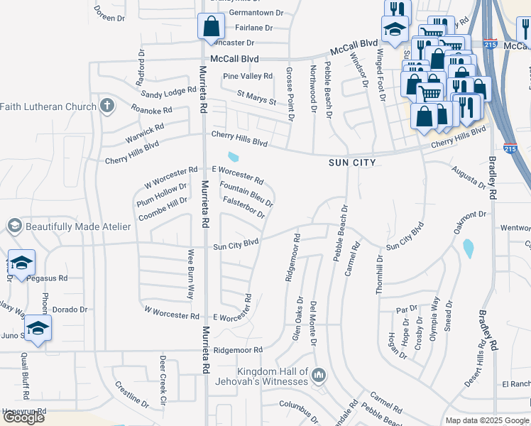 map of restaurants, bars, coffee shops, grocery stores, and more near 26240 Falsterbor Drive in Menifee