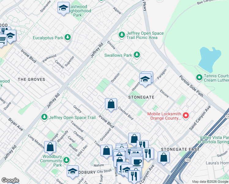 map of restaurants, bars, coffee shops, grocery stores, and more near 162 Overbrook in Irvine