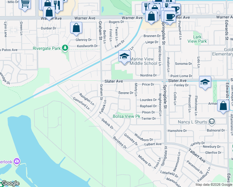 map of restaurants, bars, coffee shops, grocery stores, and more near 5611 Ridgebury Drive in Huntington Beach