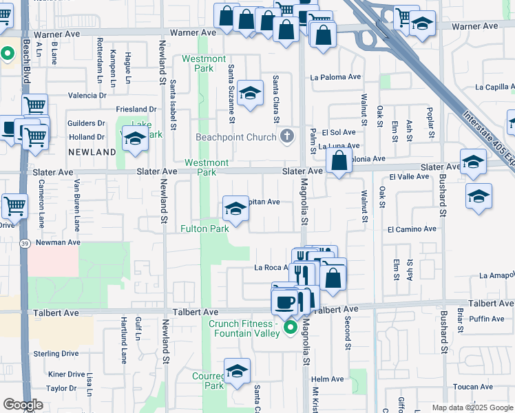 map of restaurants, bars, coffee shops, grocery stores, and more near 8834 El Capitan Avenue in Fountain Valley