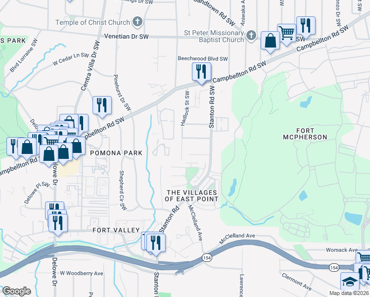 map of restaurants, bars, coffee shops, grocery stores, and more near 1780 Hadlock Street Southwest in Atlanta