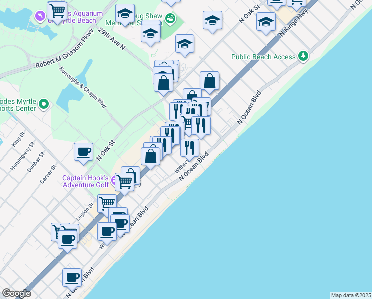 map of restaurants, bars, coffee shops, grocery stores, and more near 407 27th Avenue North in Myrtle Beach