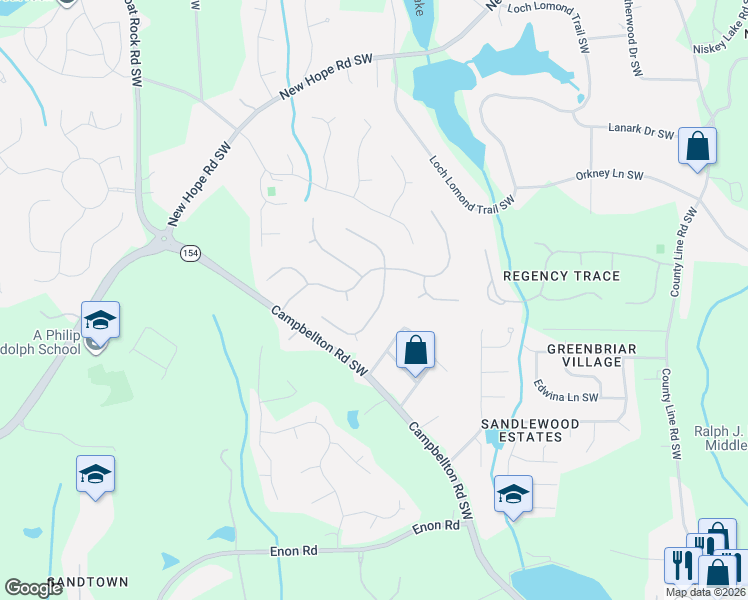 map of restaurants, bars, coffee shops, grocery stores, and more near 645 Birchberry Terrace Southwest in Atlanta