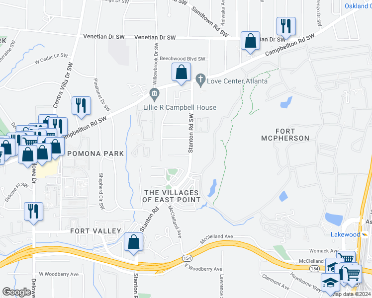 map of restaurants, bars, coffee shops, grocery stores, and more near 1787 Stanton Road Southwest in Atlanta