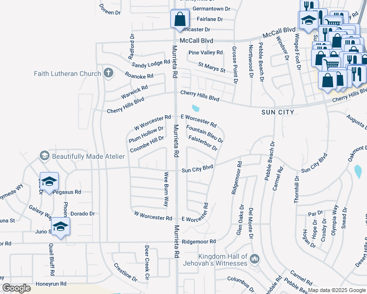 map of restaurants, bars, coffee shops, grocery stores, and more near 28515 Amersfoot Way in Sun City