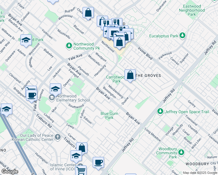 map of restaurants, bars, coffee shops, grocery stores, and more near 25 Mecklenberg in Irvine