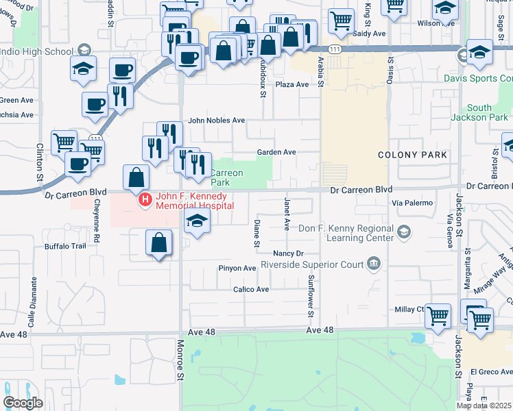 map of restaurants, bars, coffee shops, grocery stores, and more near 82298 Deborah Drive in Indio
