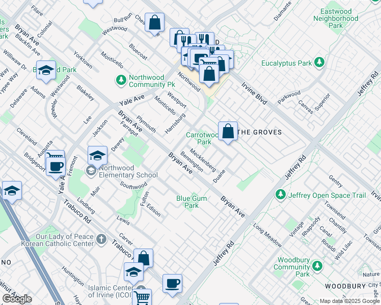 map of restaurants, bars, coffee shops, grocery stores, and more near 25 Mecklenberg in Irvine