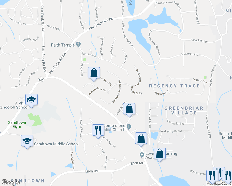 map of restaurants, bars, coffee shops, grocery stores, and more near 645 Birchberry Terrace Southwest in Atlanta