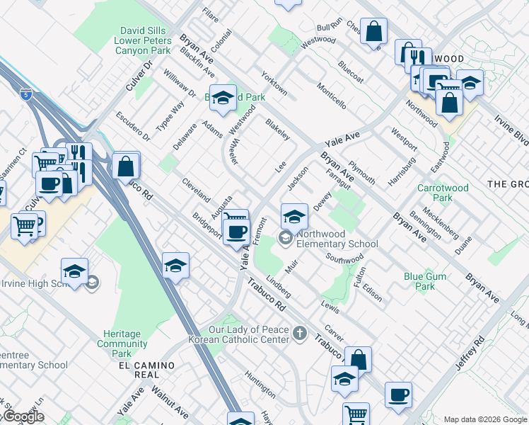 map of restaurants, bars, coffee shops, grocery stores, and more near 39 Fremont in Irvine