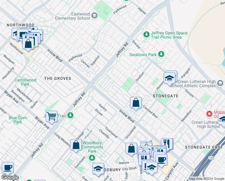 map of restaurants, bars, coffee shops, grocery stores, and more near 104 Churchill in Irvine