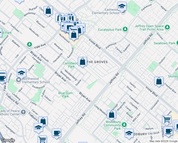 map of restaurants, bars, coffee shops, grocery stores, and more near 3 Duane in Irvine