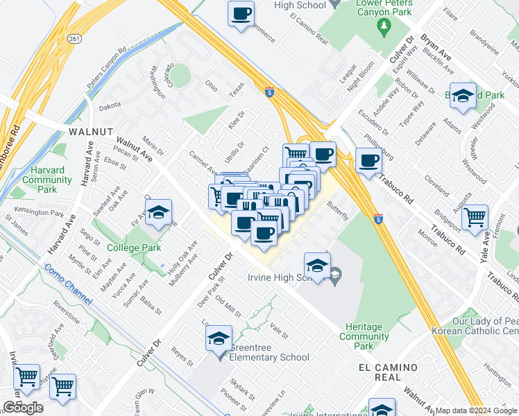 map of restaurants, bars, coffee shops, grocery stores, and more near 14352 Matisse Avenue in Irvine