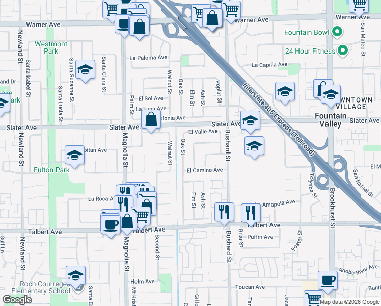 map of restaurants, bars, coffee shops, grocery stores, and more near 17649 Locust Street in Fountain Valley