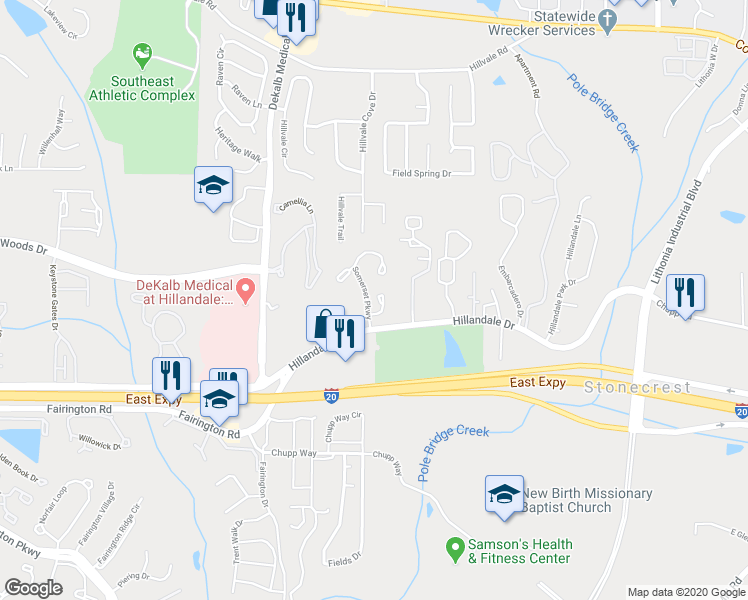 map of restaurants, bars, coffee shops, grocery stores, and more near 2722 Penwood Place in Lithonia
