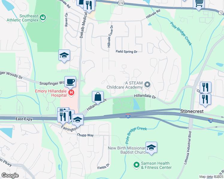 map of restaurants, bars, coffee shops, grocery stores, and more near 2722 Penwood Place in Lithonia
