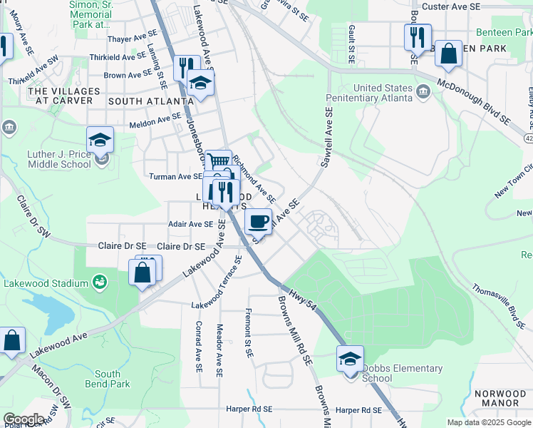 map of restaurants, bars, coffee shops, grocery stores, and more near 23 Gould Street Southeast in Atlanta