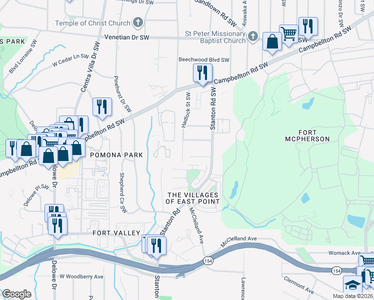 map of restaurants, bars, coffee shops, grocery stores, and more near 1780 Hadlock Street Southwest in Atlanta