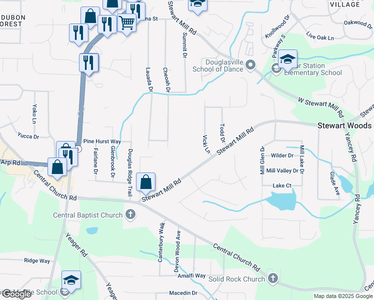 map of restaurants, bars, coffee shops, grocery stores, and more near 5710 Stewart Mill Road in Douglasville