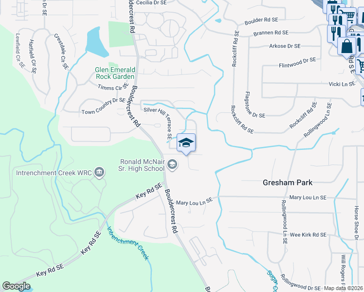 map of restaurants, bars, coffee shops, grocery stores, and more near 2974 Silver Hill Terrace Southeast in Atlanta