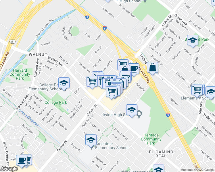 map of restaurants, bars, coffee shops, grocery stores, and more near 14352 Matisse Avenue in Irvine