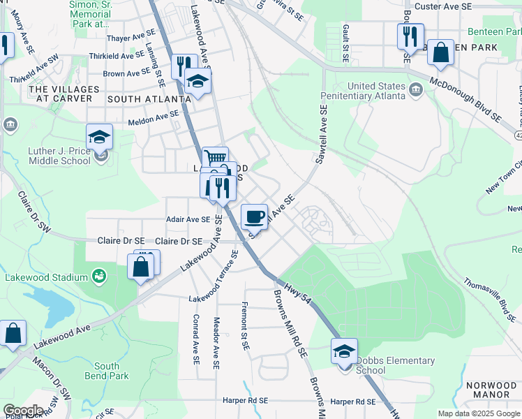 map of restaurants, bars, coffee shops, grocery stores, and more near 23 Gould Street Southeast in Atlanta