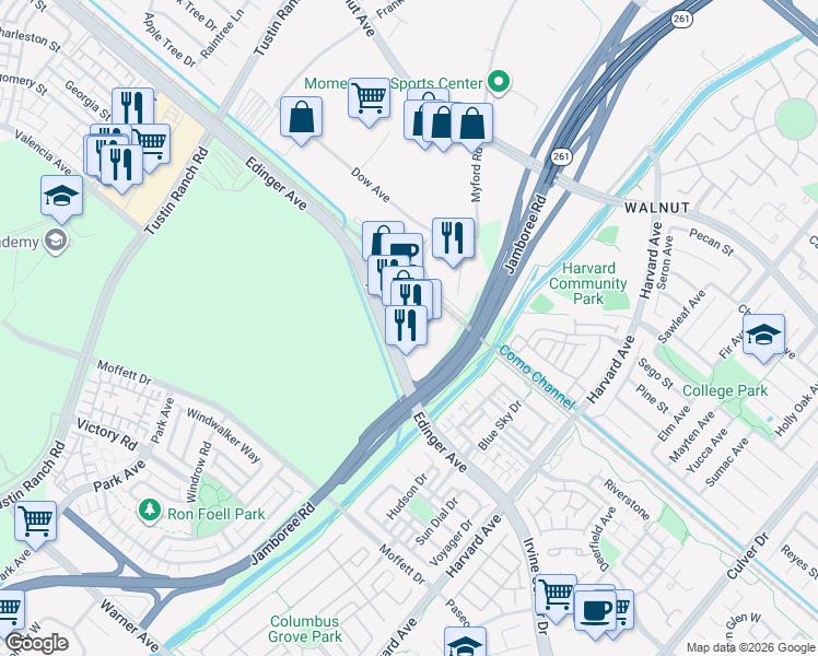map of restaurants, bars, coffee shops, grocery stores, and more near 3045 Edinger Avenue in Tustin
