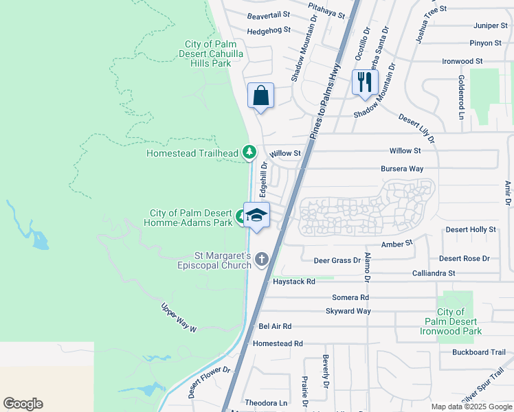 map of restaurants, bars, coffee shops, grocery stores, and more near 72-500 Thrush Road in Palm Desert