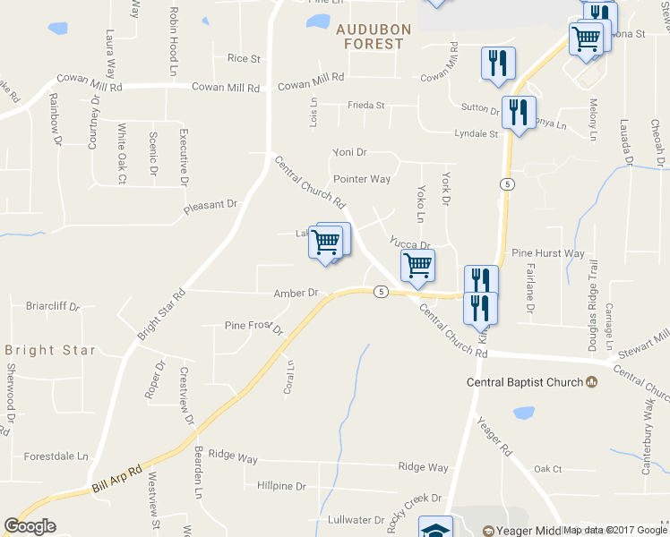 map of restaurants, bars, coffee shops, grocery stores, and more near 3697 Highway 5 in Douglasville