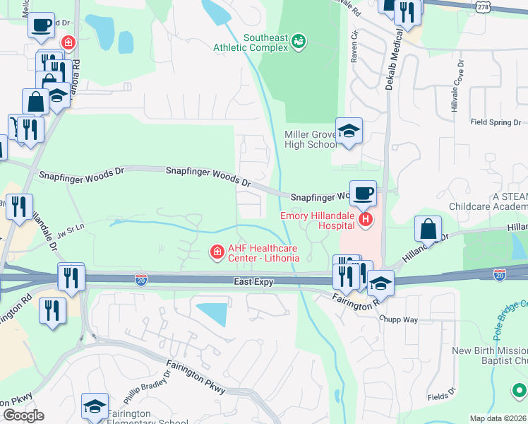 map of restaurants, bars, coffee shops, grocery stores, and more near 2690 Stonekey Bend in Lithonia
