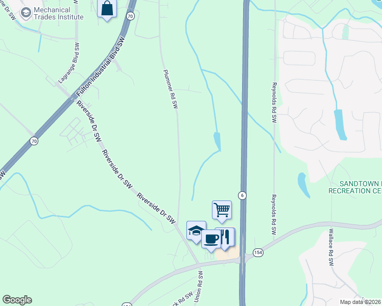 map of restaurants, bars, coffee shops, grocery stores, and more near 6600 Plummer Road Southwest in Atlanta