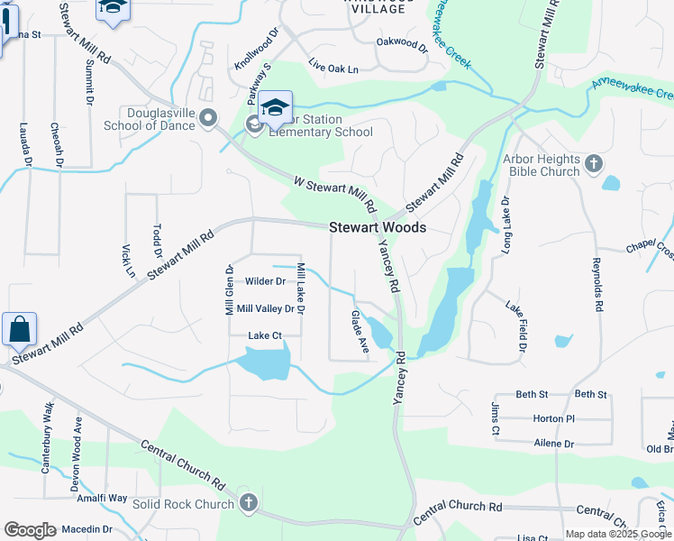map of restaurants, bars, coffee shops, grocery stores, and more near 5572 Stewart Woods Drive in Douglasville